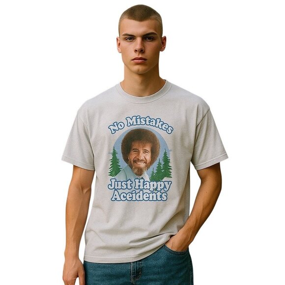 Bob Ross “There Are No Mistakes, Just Happy Accidents” Tee Shirt Gray Size L - Picture 1 of 10